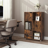 Moderne BukkitBow boekenkast met 6 open vakken en 3 deurtjes in Scandinavisch design, zwart houten afwerking.