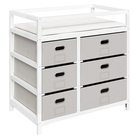 Moderne BukkitBow commode met 6 laden en aankleedblad in wit en grijs, geschikt voor slaapkamer of kinderkamer.