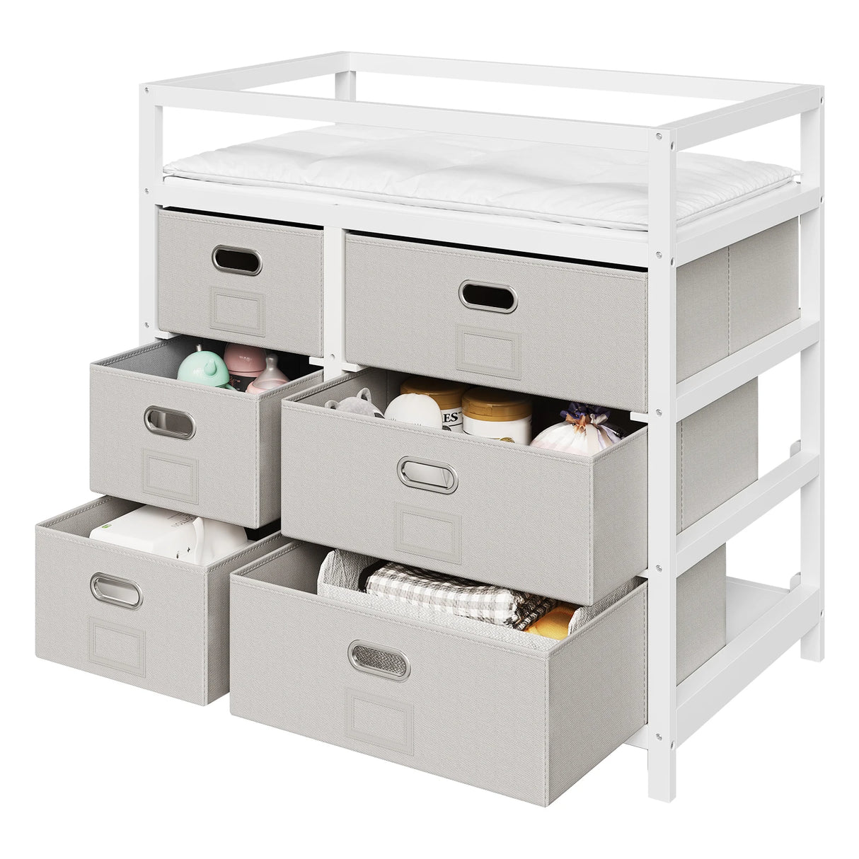 Moderne BukkitBow commode met 6 laden, wit en grijs, inclusief aankleedblad en strak design voor in de slaapkamer of kinderkamer.