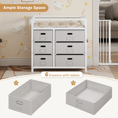 Moderne BukkitBow commode in wit en grijs met 6 laden en aankleedblad, elegant en functioneel meubelstuk.