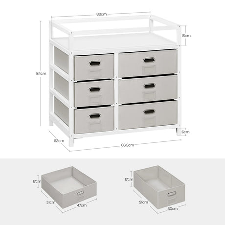 Moderne BukkitBow commode in wit en grijs met 6 laden en aankleedblad, geschikt voor stijlvolle slaapkamers.