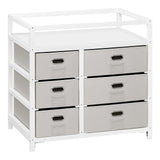 Moderne BukkitBow commode met 6 laden en aankleedblad in wit en grijs, zichtbaar van voren met handgrepen en glad oppervlak