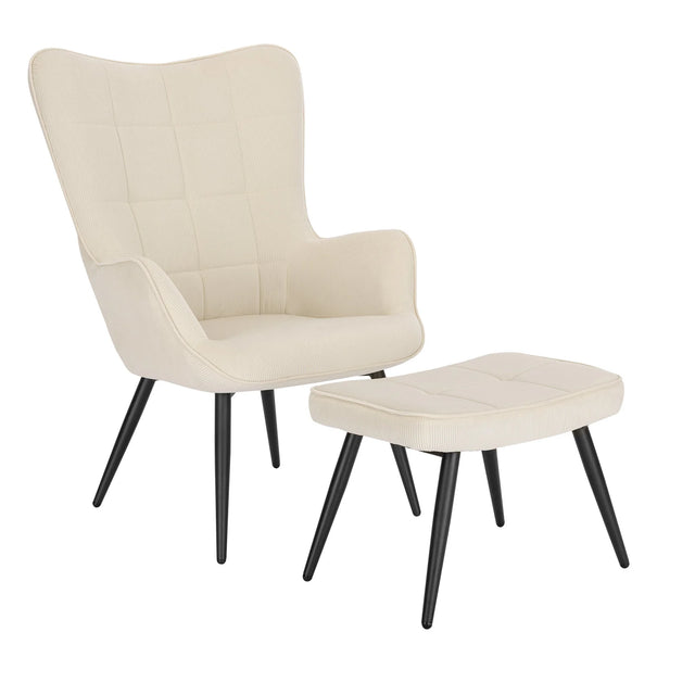 Moderne BukkitBow corduroy fauteuil met voetenbank, retro ontwerp, comfortabele zitmeubel met zachte stof en stijlvolle uitstraling.