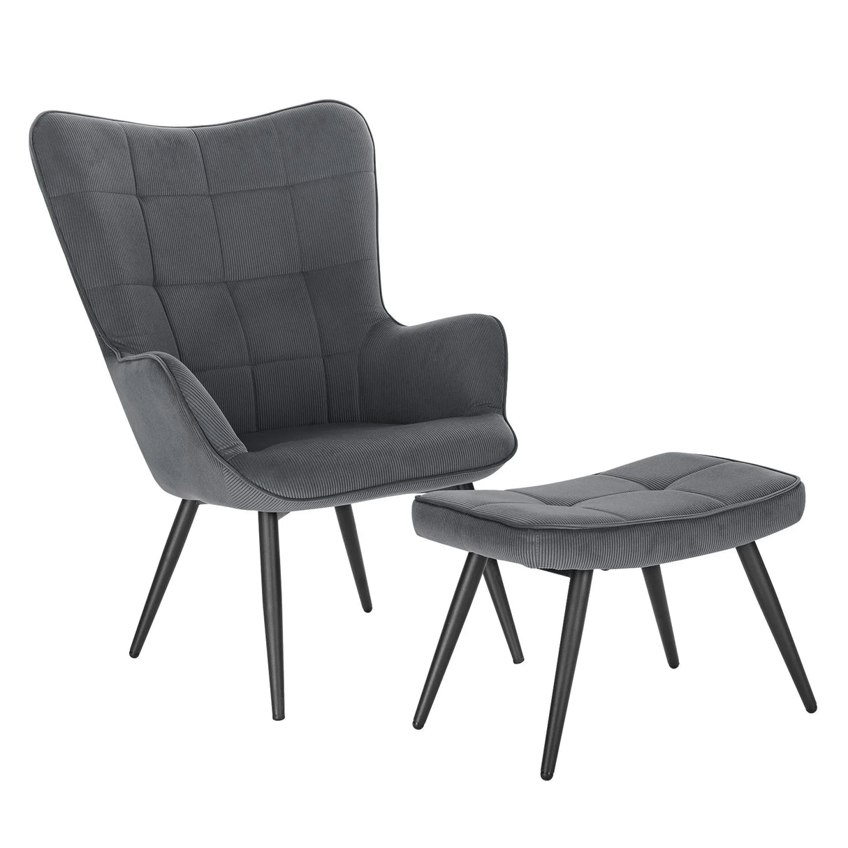 Moderne BukkitBow corduroy fauteuil met voetenbank in retro stijl, comfortabel zitmeubel met zachte bekleding.