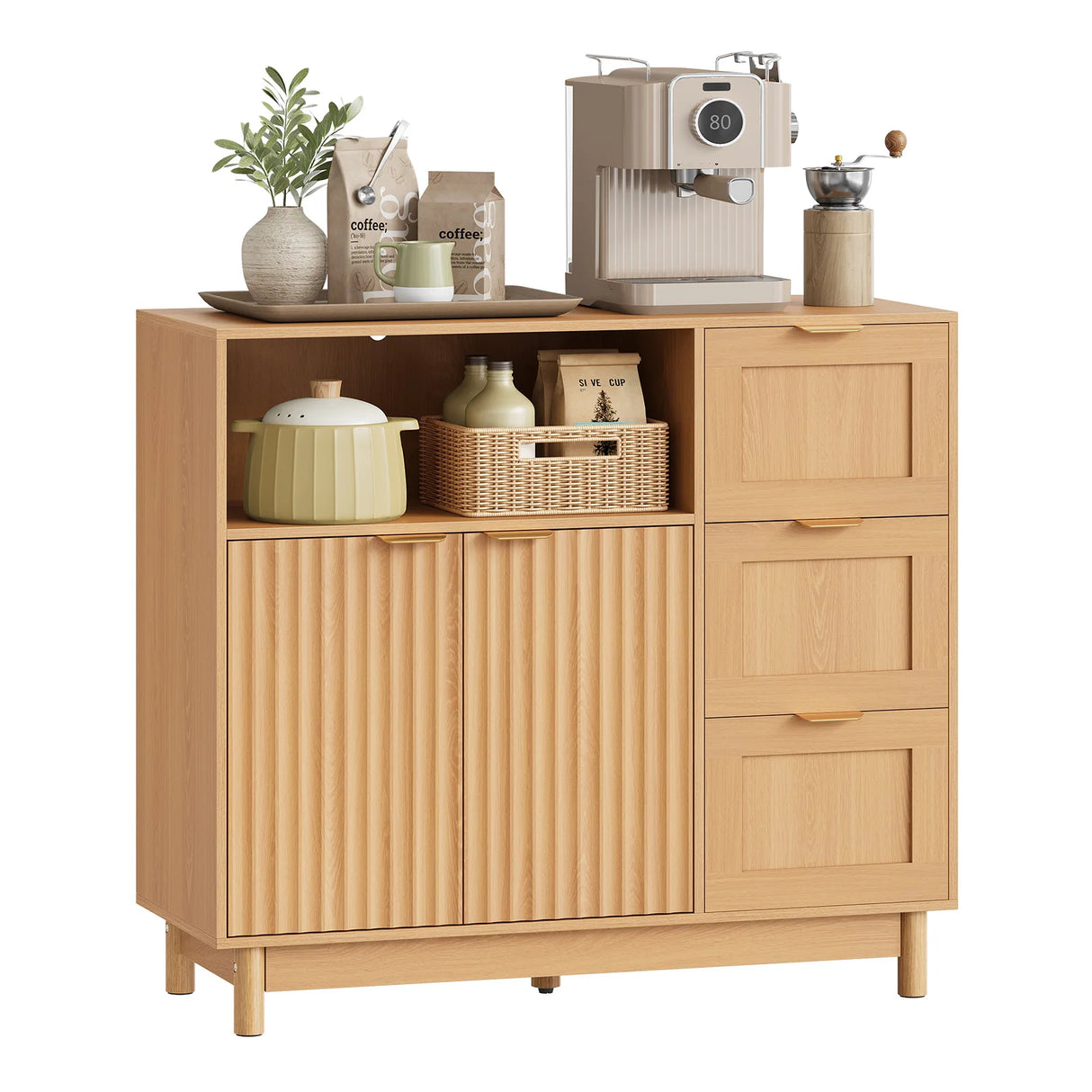 Moderne BukkitBow dressoir met 3 laden en verstelbare planken, gestileerd meubel voor woonkamer of eetkamer.