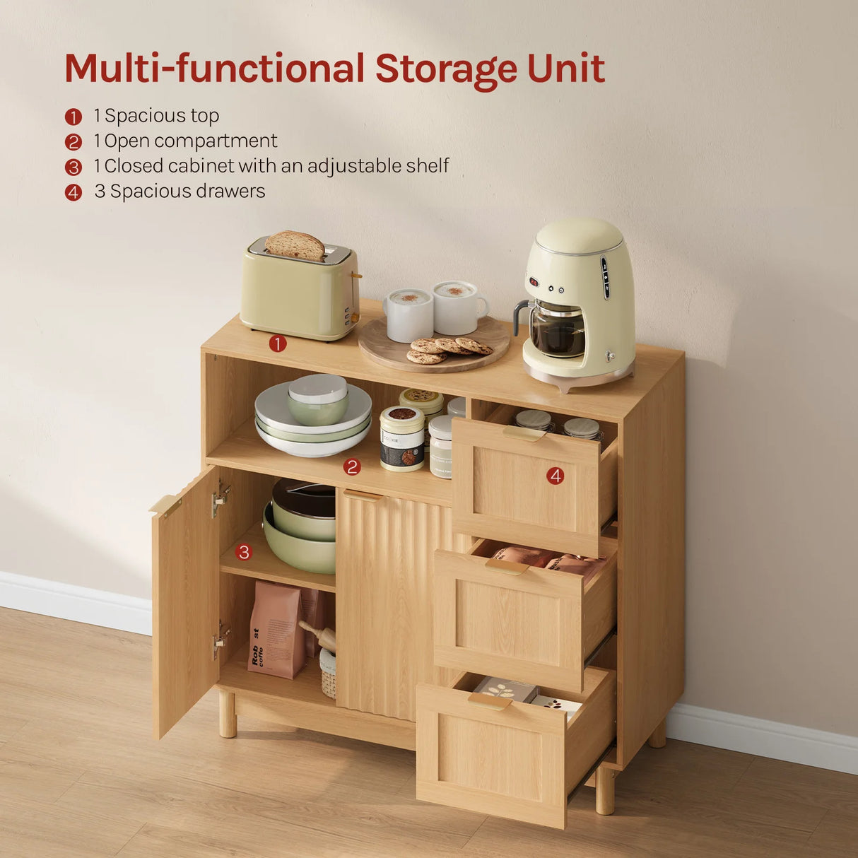 Moderne BukkitBow dressoir met 3 laden en verstelbare planken, zwart houten uitstraling, strak en functioneel meubelstuk.
