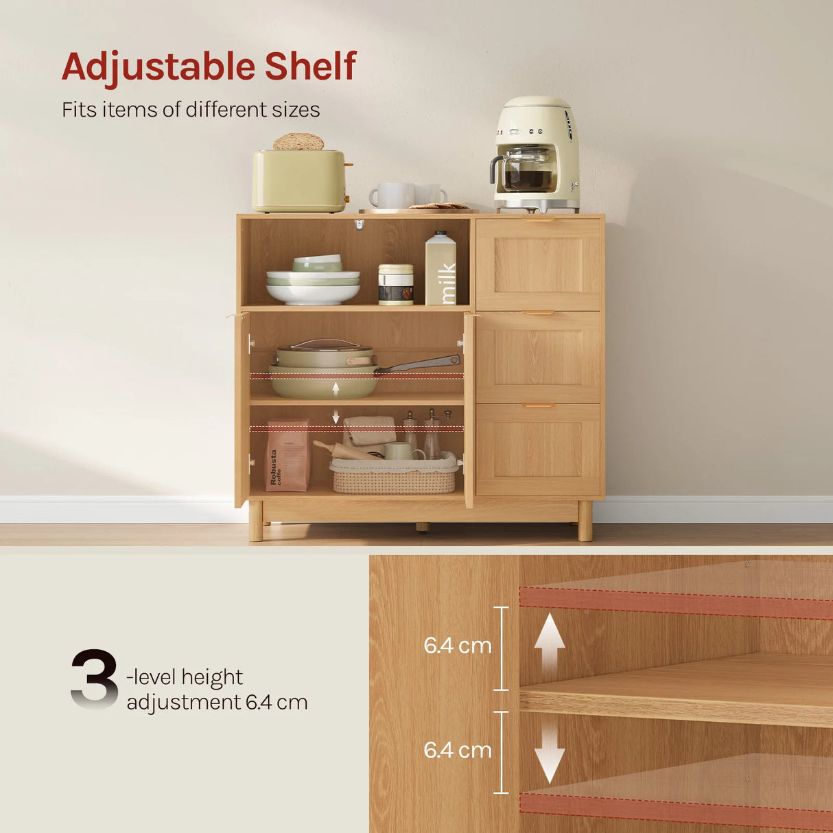 Moderne BukkitBow dressoir met 3 laden en verstelbare planken, strak design en stevige constructie voor stijlvolle opbergruimte