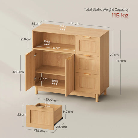 Moderne BukkitBow dressoir met 3 laden en verstelbare planken, strak design en houten afwerking, geschikt voor woonkamer of slaapkamer