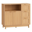 Moderne BukkitBow dressoir met 3 laden en verstelbare planken, zwart houtlook, geschikt voor woonkamer of eetkamer.