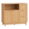 Moderne BukkitBow dressoir met 3 laden en verstelbare planken, zwart houtlook, geschikt voor woonkamer of eetkamer.