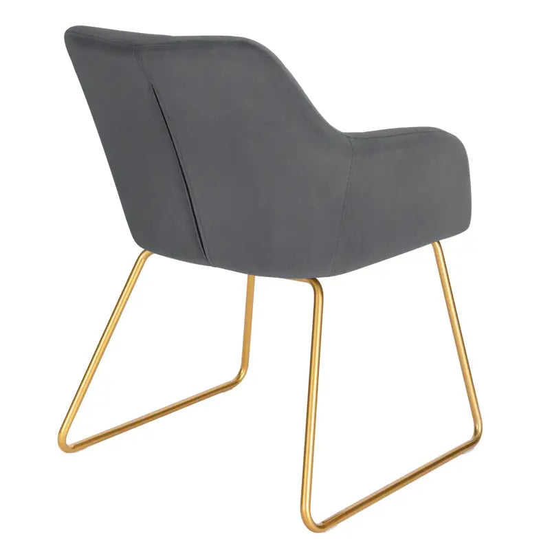 Moderne BukkitBow eetkamerstoel van fluweel met gouden metalen poten, comfortabel met een zithoogte van 48,5 cm.