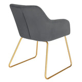 Moderne BukkitBow eetkamerstoel van fluweel met gouden metalen poten, comfortabel met een zithoogte van 48,5 cm.