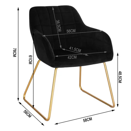 Moderne BukkitBow eetkamerstoel van fluweel met gouden metalen poten, comfortabele zithoogte van 48,5 cm, stijlvol en elegant.
