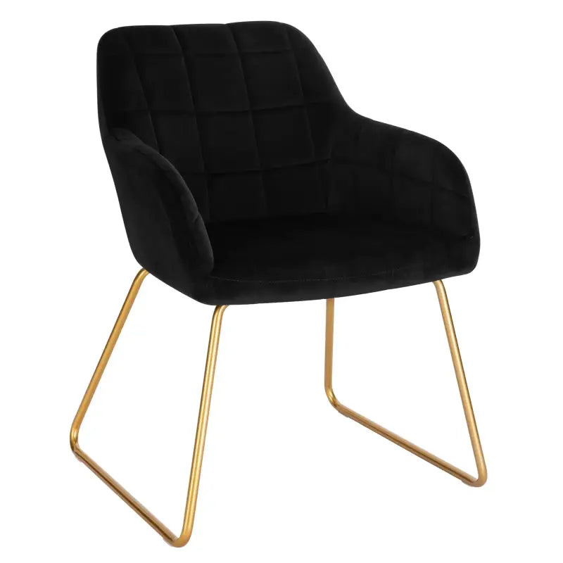 Moderne BukkitBow eetkamerstoel van fluweel met gouden metalen poten, comfortabele zithoogte en stijlvol design.