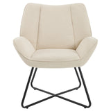 Moderne linnen BukkitBow fauteuil met X-vormig onderstel, elegante zithoek met comfortabele bekleding.