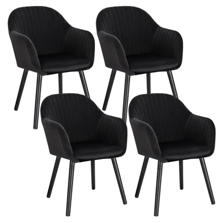 Set van 4 moderne BukkitBow fluwelen eetkamerstoelen met massief houten frame, ergonomisch ontwerp en zwart kleur.