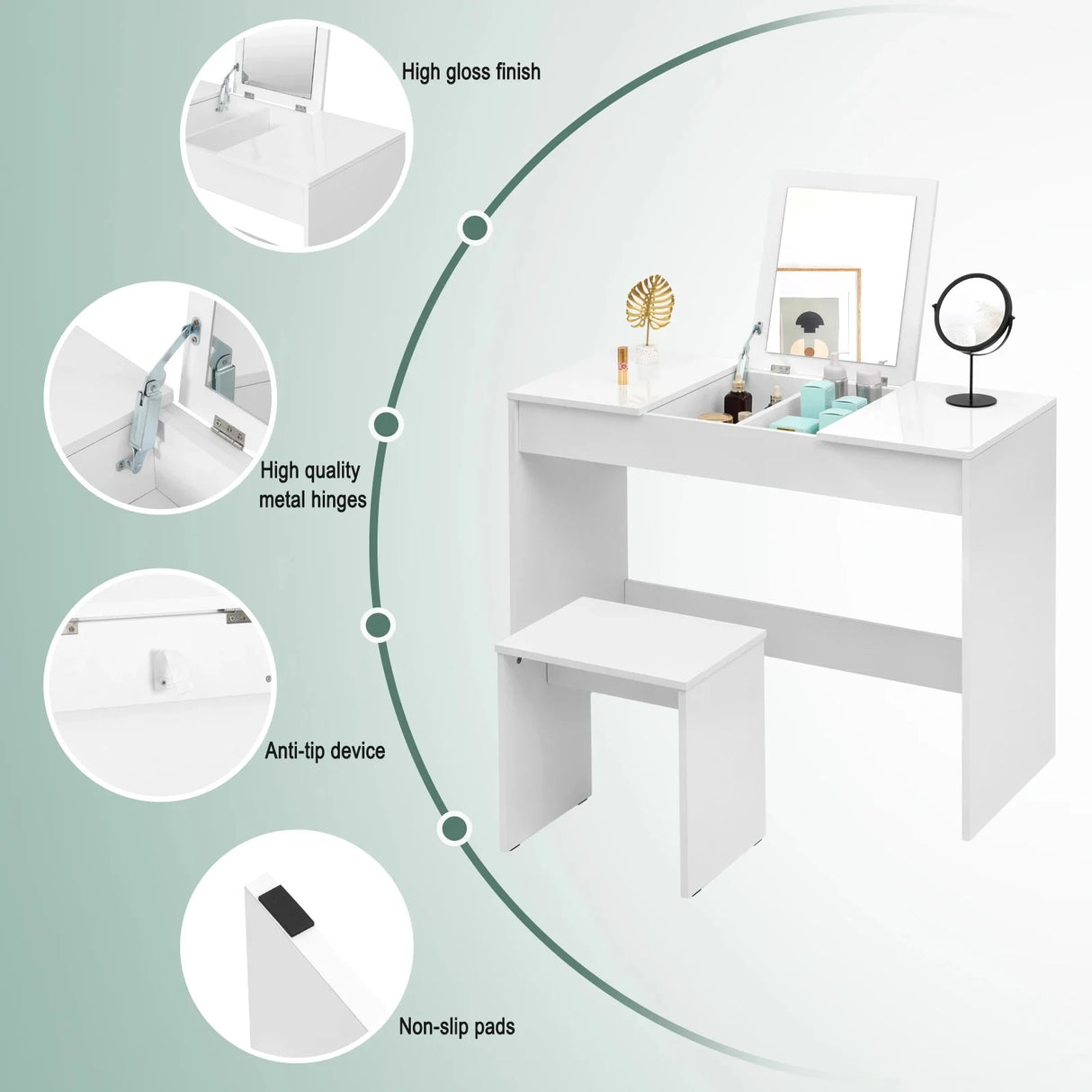 Moderne BukkitBow kaptafel met inklapbare spiegel en bijpassende kruk, elegante witte meubel voor slaapkamer of kleedkamer