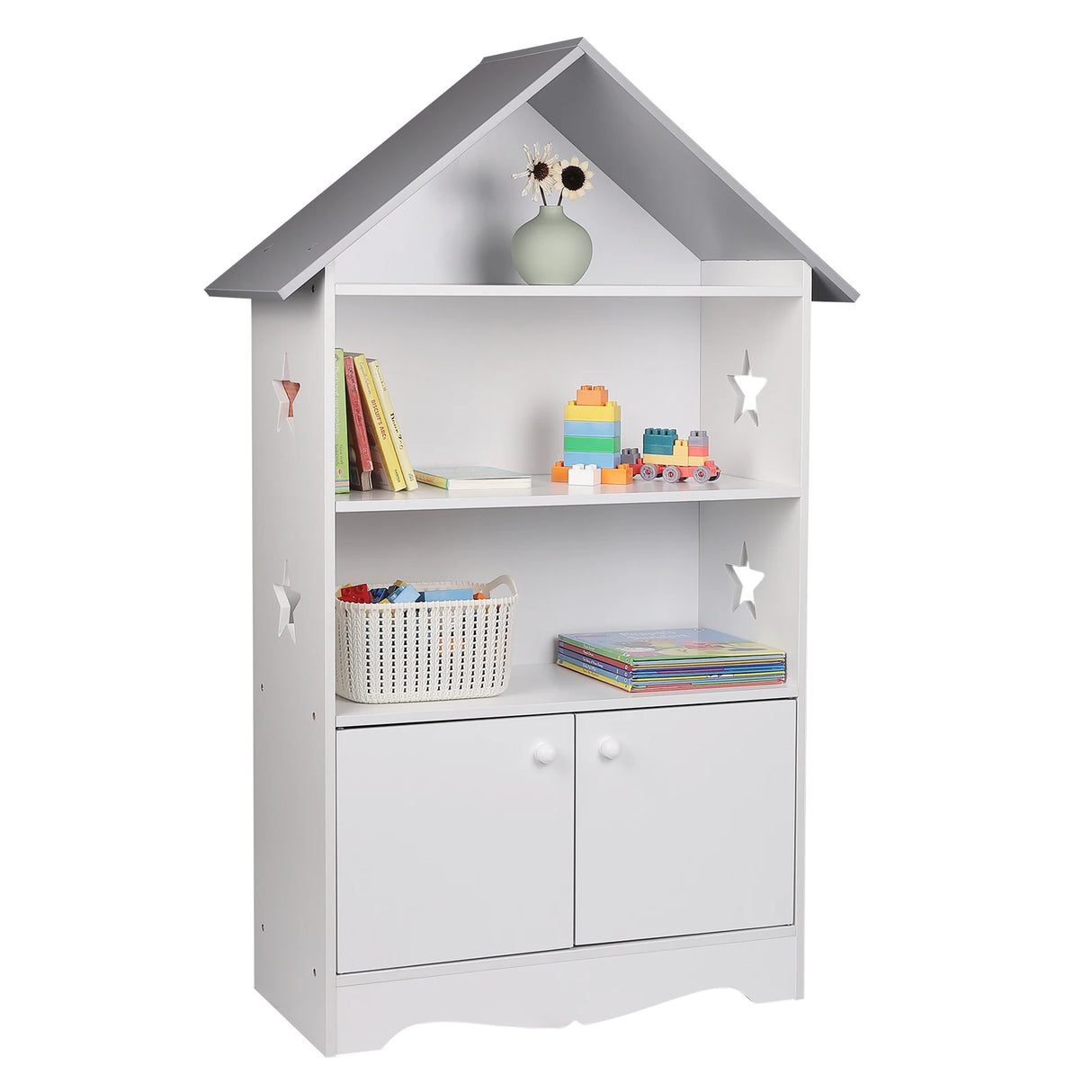 Moderne BukkitBow kinderboekenkast met kastdeurtje en stervormig design, houten opbergmeubel voor kinderen