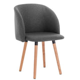 Moderne linnen eetkamerstoel van BukkitBow met massief houten poten, comfortabel en stijlvol design in neutrale kleuren.