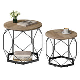 Set van 2 moderne ronde bijzettafels van BukkitBow, met metalen frame en houten uitstraling, geschikt voor woonkamer.