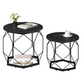Set van 2 moderne ronde bijzettafels van BukkitBow met metalen onderstel en houten look, geschikt voor woonkamer of zithoek.
