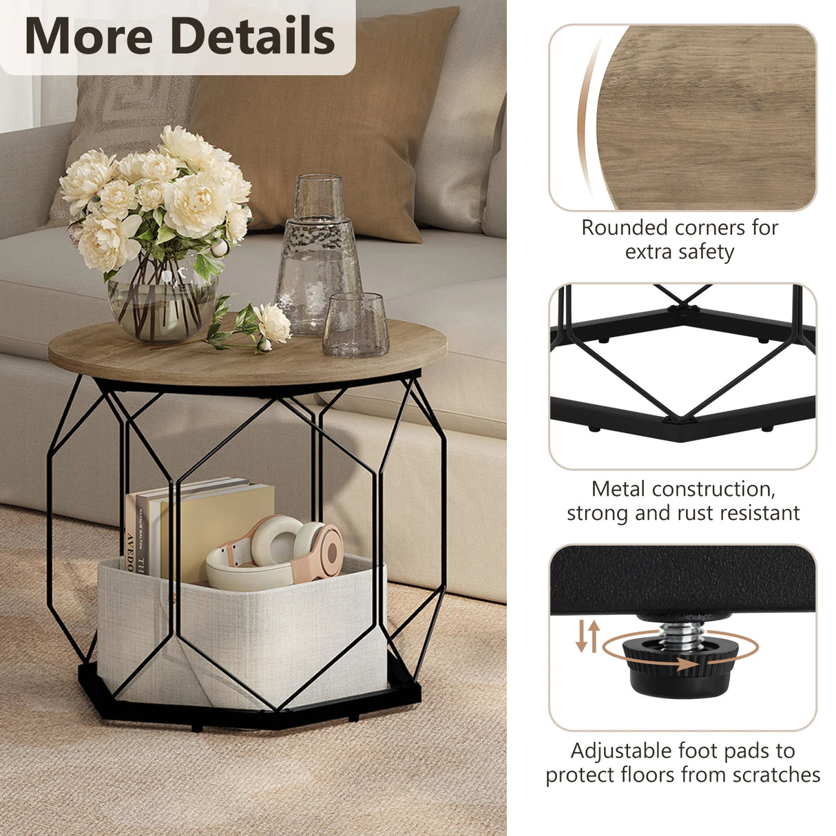 Set van 2 ronde bijzettafels van BukkitBow, metalen frame en houtlook, modern design voor woonkamer of zithoek