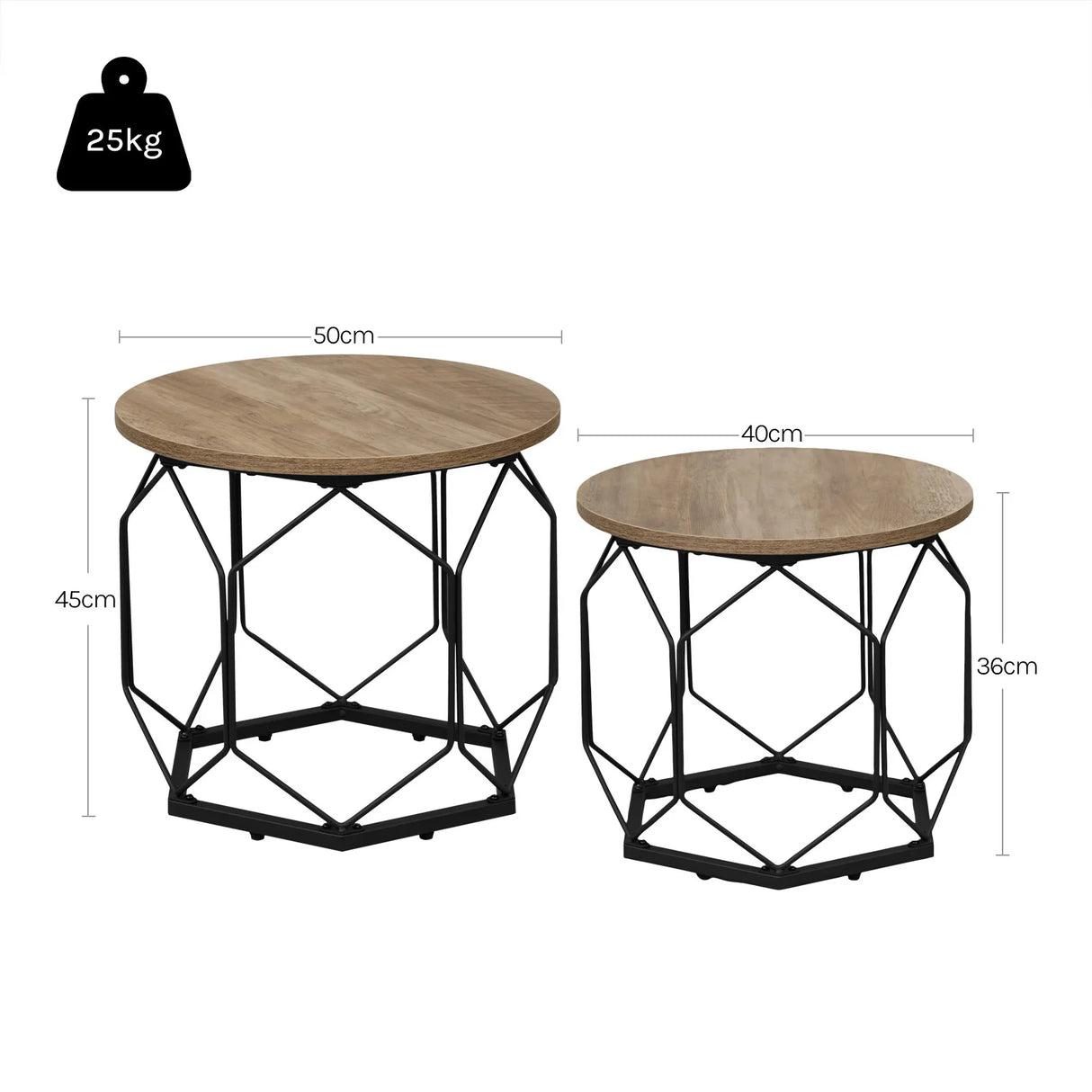Set van 2 moderne ronde bijzettafels van BukkitBow, met metalen frame en houtlook afwerking.