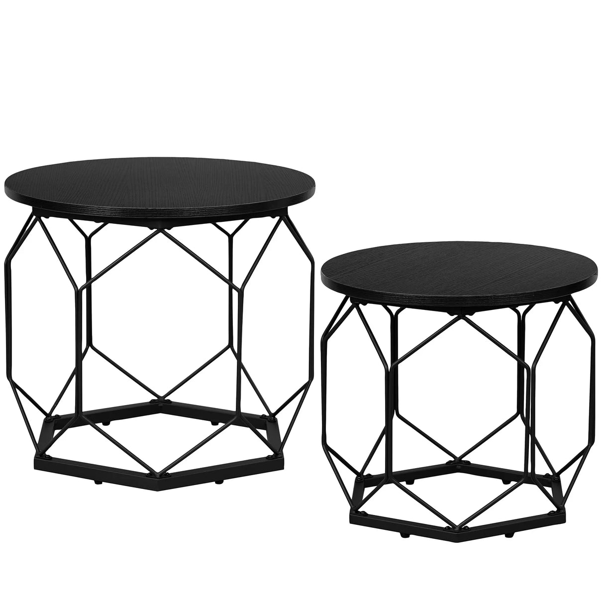 Set van 2 moderne ronde bijzettafels van BukkitBow met metalen frame en houtlook, ideaal voor woonkamer decor.