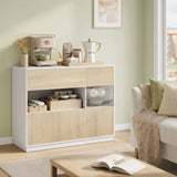 Moderne Scandinavische BukkitBow dressoir met acrylglazen deuren en houten afwerking, strak en eigentijds meubelstuk voor woonkamer