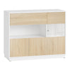 Moderne Scandinavische BukkitBow dressoir met acrylglazen deuren en houten afwerking, geschikt voor woonkamer of eetkamer.