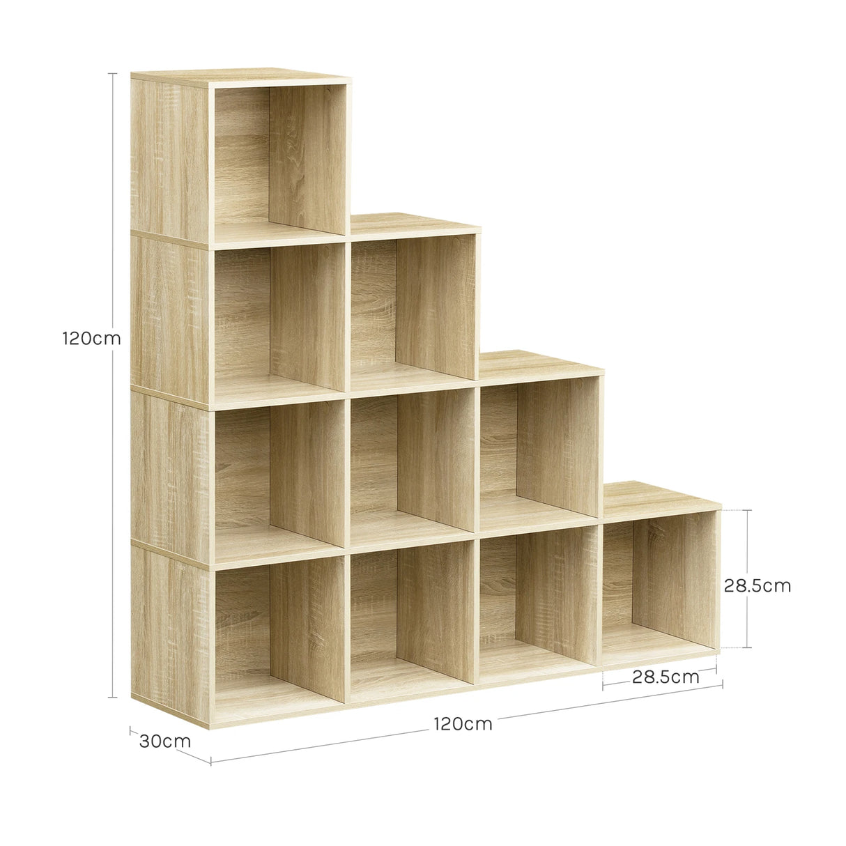 Moderne BukkitBow boekenkast met L-vormig ontwerp en 10 open vakken, ideaal voor boeken en decoratie.