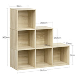 Moderne BukkitBow boekenkast met trapvorm en zes open vakken, gemaakt van hout, ideaal voor woon- of kantoorruimte.