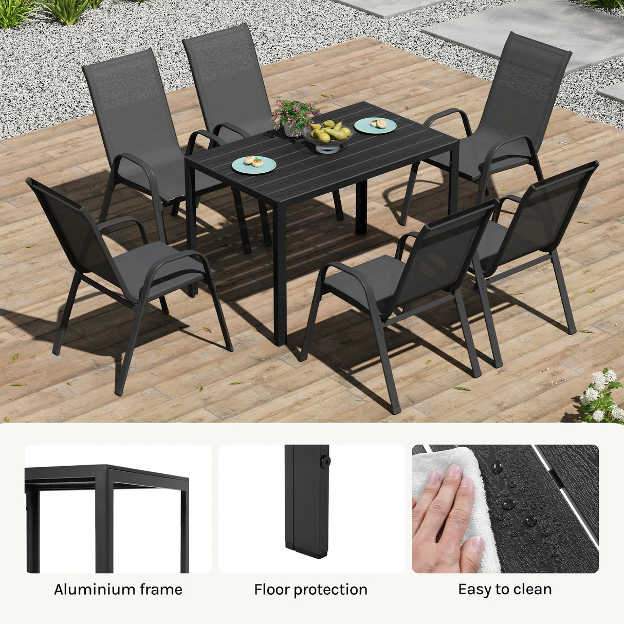 Moderne BukkitBow tuintafel met aluminium frame en WPC tafelblad, geschikt voor tuin en terras.
