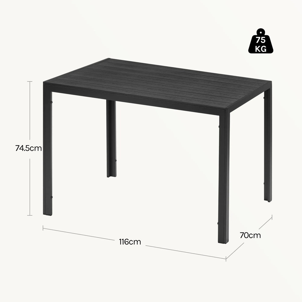 Moderne BukkitBow tuintafel met aluminium frame en WPC tafelblad, geschikt voor buiten, stijlvolle en duurzame tuinmeubel.