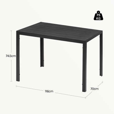 Moderne BukkitBow tuintafel met aluminium frame en WPC tafelblad, geschikt voor buitengebruik, duurzame en stijlvolle tuinmeubel.