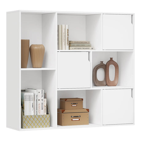 Moderne BukkitBow vakkenkast met 8 verstelbare, krasbestendige vakken, ideaal voor boeken en decoratie, zwart houtafwerking.