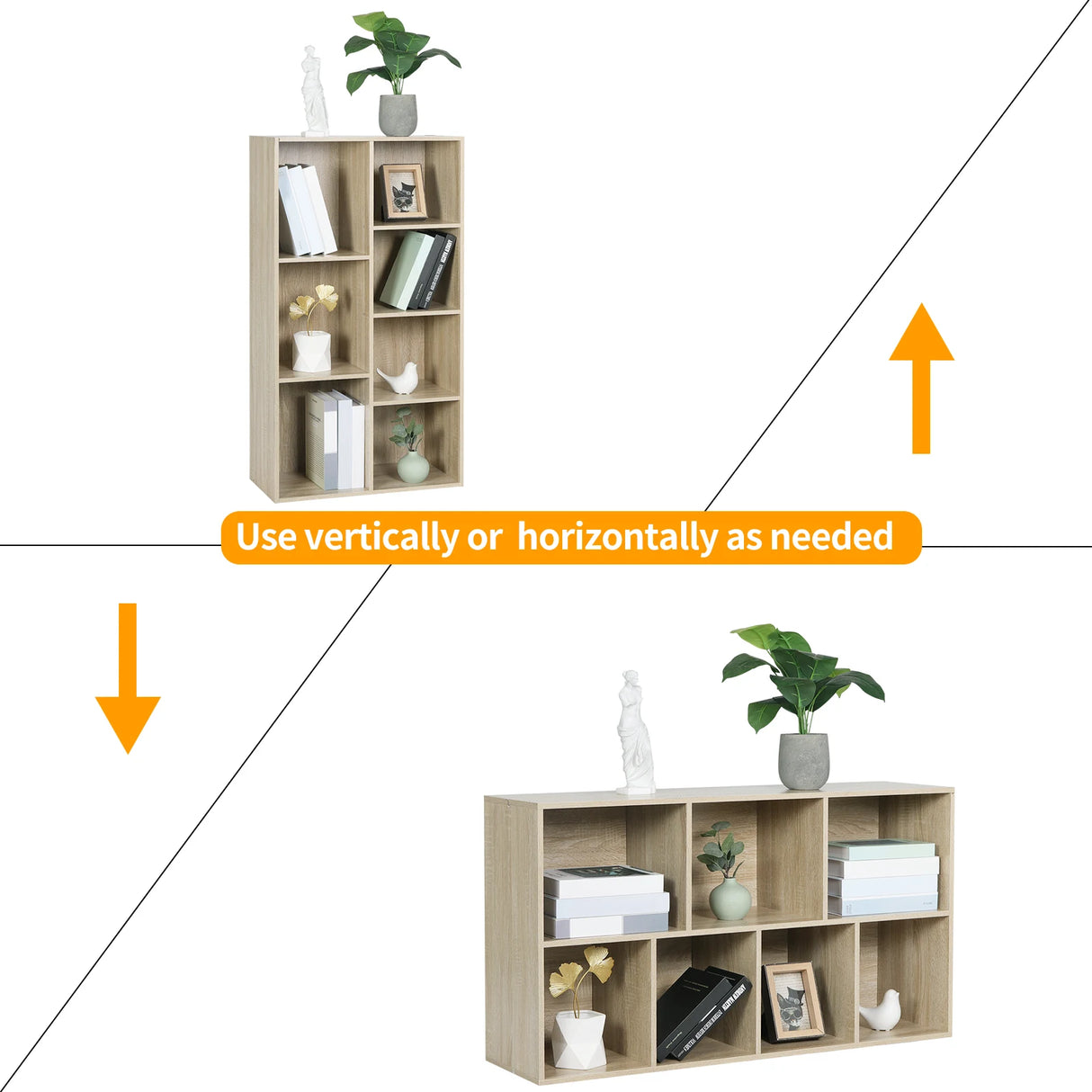 Moderne BukkitBow boekenkast met 7 vakken in Scandinavisch design, zwart houtlook, geschikt voor woonkamer of kantoor.