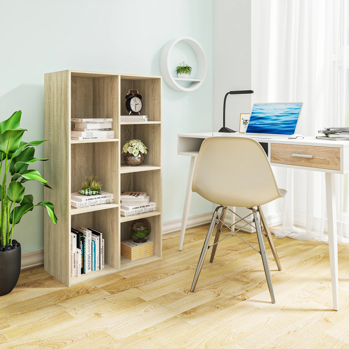 Moderne BukkitBow Scandinavische boekenkast met 7 open vakken, houten afwerking en strakke design voor in de woonkamer of kantoor.