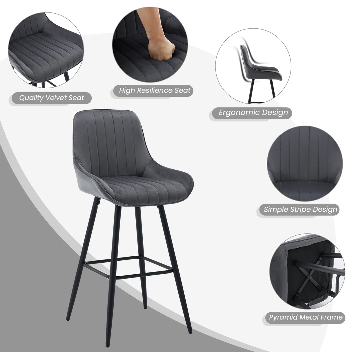 Moderne velvet barkruk van BukkitBow met rugleuning en voetensteun, comfortabel en stijlvol voor in de eetkamer of bar.