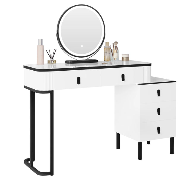Moderne witte en zwarte BukkitBow kaptafel met LED-spiegel en lade, perfect voor een stijlvolle slaapkamer of make-up ruimte.
