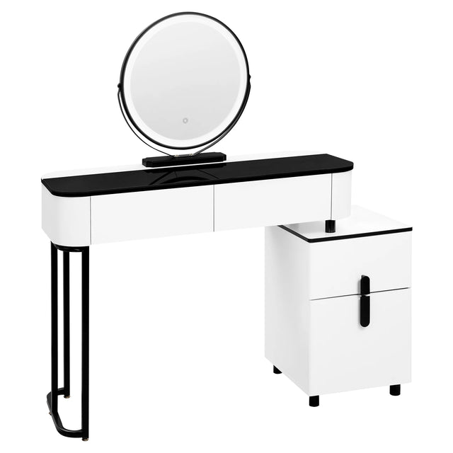 Moderne witte kaptafel van BukkitBow met LED-spiegel en velvet krukje, stijlvolle opmaak voor make-up en verzorging.
