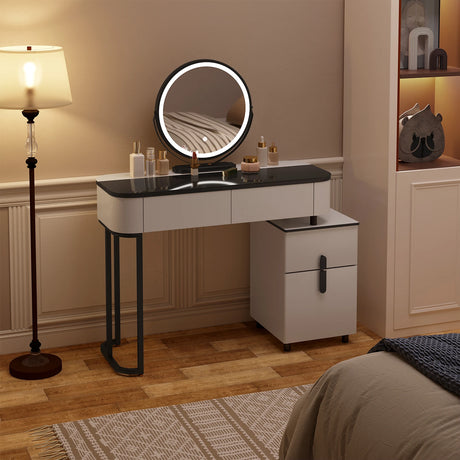 Moderne witte BukkitBow kaptafel met LED-spiegel en velvet krukje, stijlvolle make-up tafel voor dames.