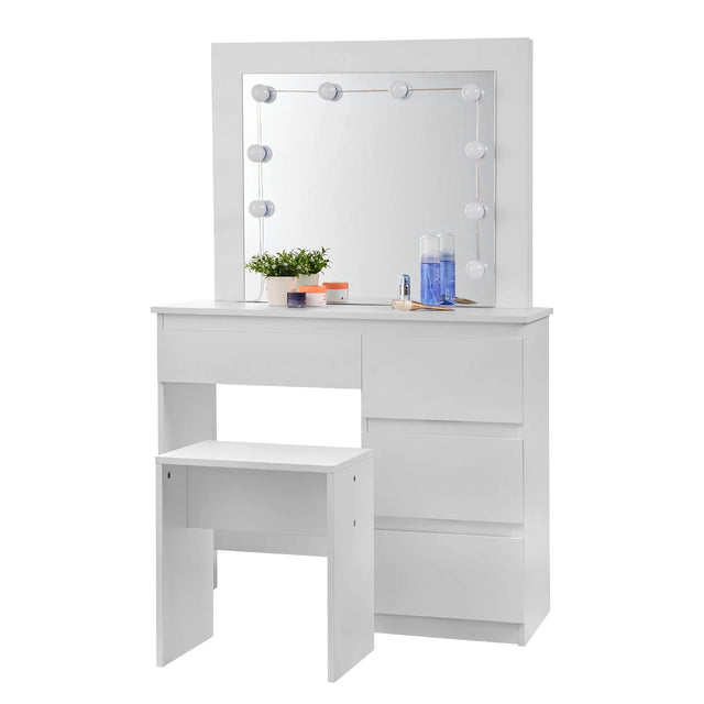 Moderne witte BukkitBow kaptafel met LED-spiegel, kruk en vier laden voor een stijlvolle slaapkamer of garderobe.