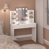Moderne witte BukkitBow kaptafel met LED-verlichting en stopcontact, perfect voor een stijlvolle make-up ruimte.
