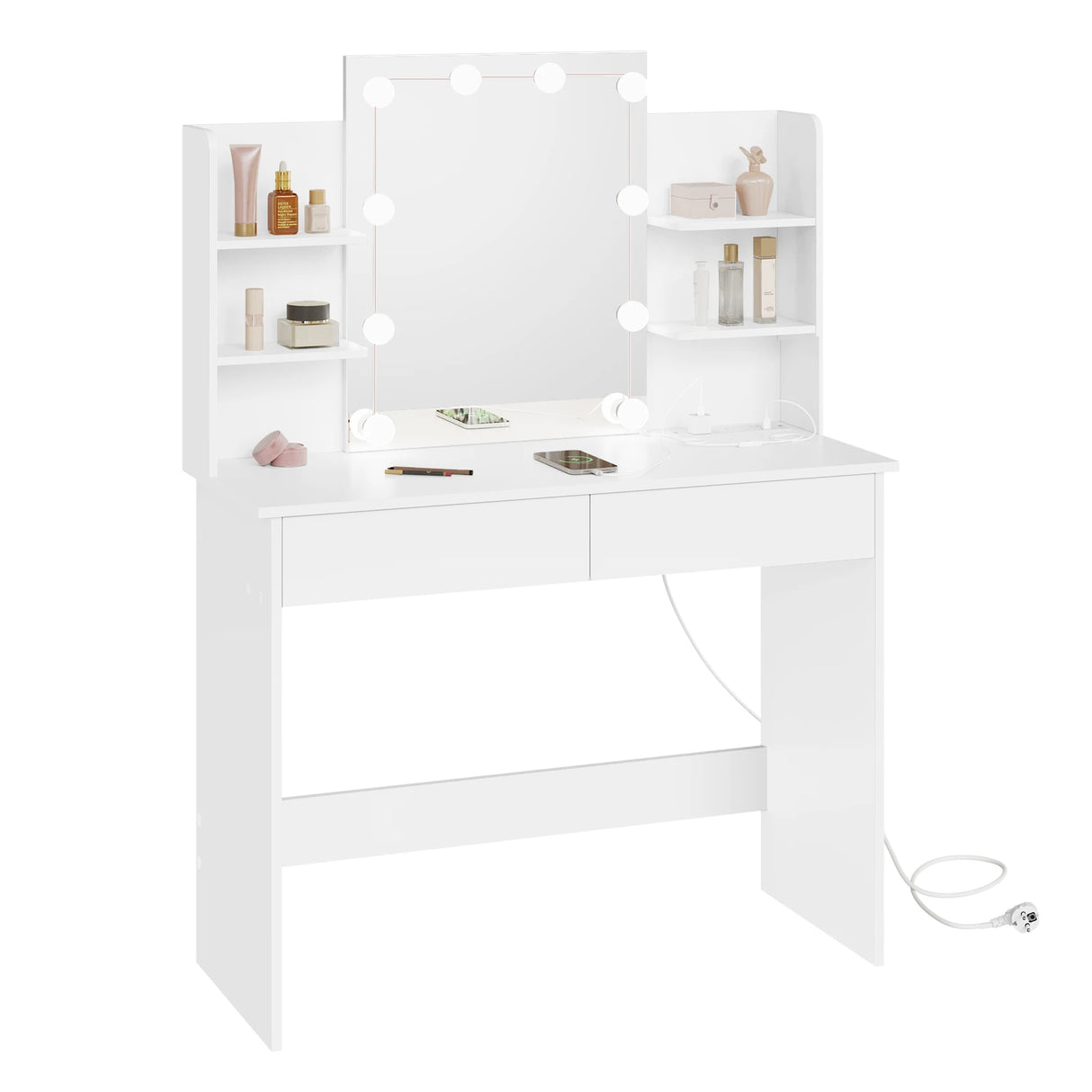 Moderne witte BukkitBow kaptafel met LED-verlichting en stopcontact, ideaal voor beautyroutines en make-up.