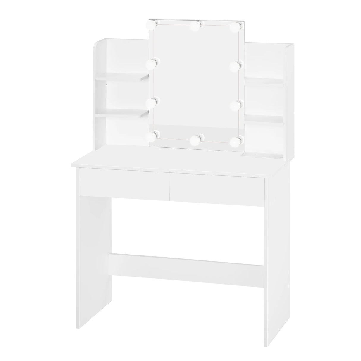 Moderne witte BukkitBow kaptafel met LED-verlichting en stopcontact, ideaal voor een stijlvolle en functionele slaapkamer of kleedkamer.