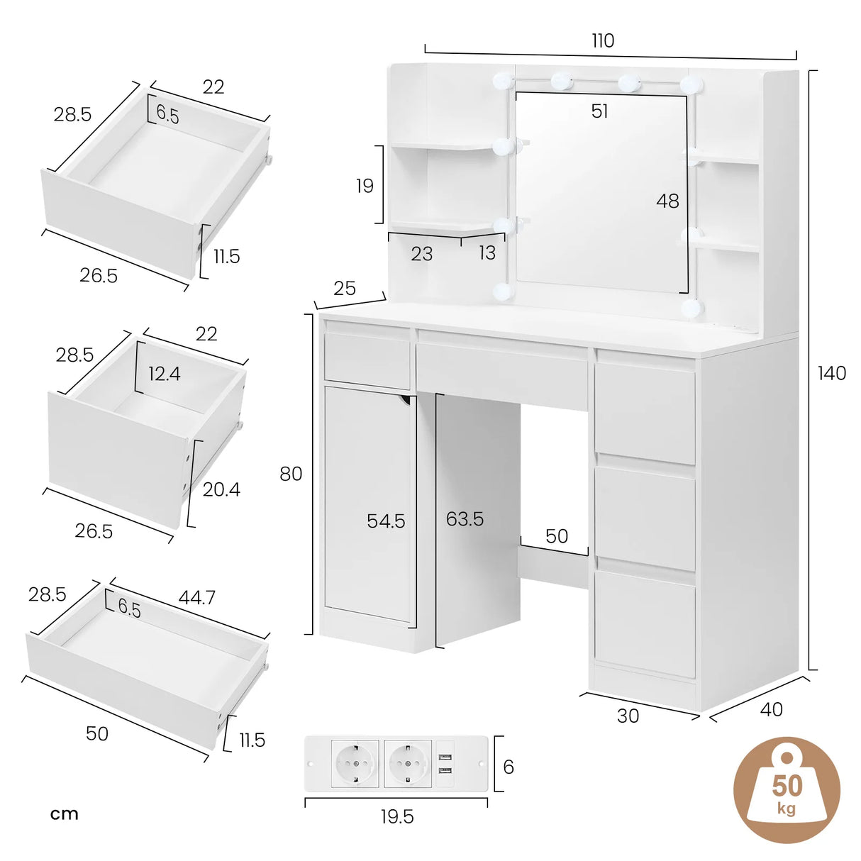 Moderne witte BukkitBow kaptafel met stopcontact en Hollywood verlichting, geschikt voor een stijlvolle slaapkamer of kleedruimte.