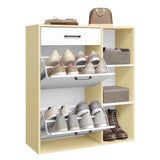 Moderne witte schoenenkast van BukkitBow met kantelbakken en lade, geschikt voor het opbergen van schoenen en accessoires.
