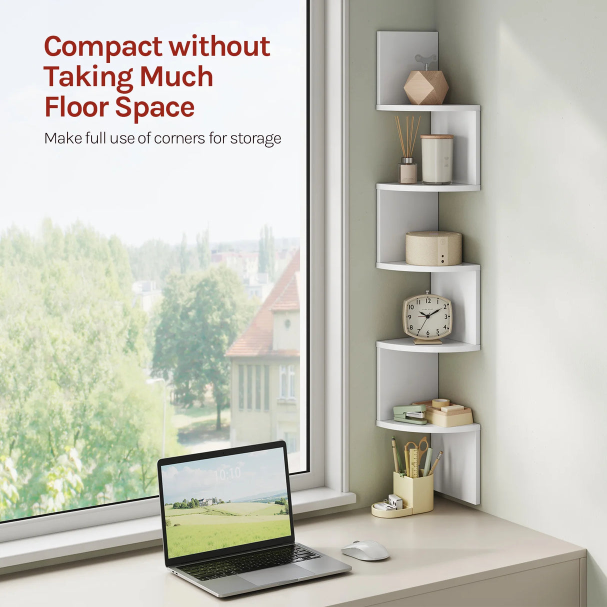 Moderne zigzag wandplank van BukkitBow met 5 niveaus voor hoekmontage, geschikt voor decoratie en opbergruimte in huis.