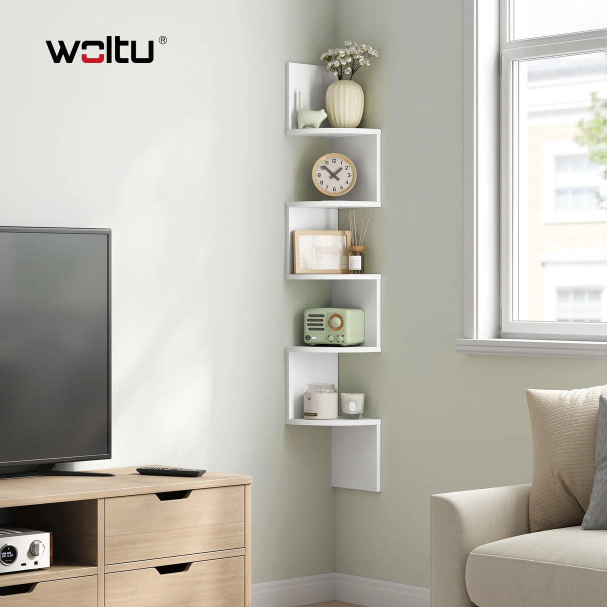 BukkitBow moderne zigzag wandplank met 5 niveaus voor hoekmontage, zwart houten wandplank met strakke design.